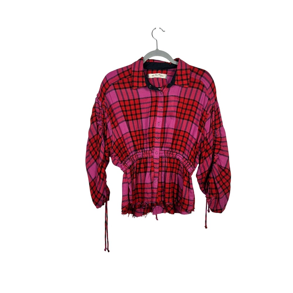 Free People Plaid Blouse Women XS Red Combo NEW Ruched Sleeve OB1050935